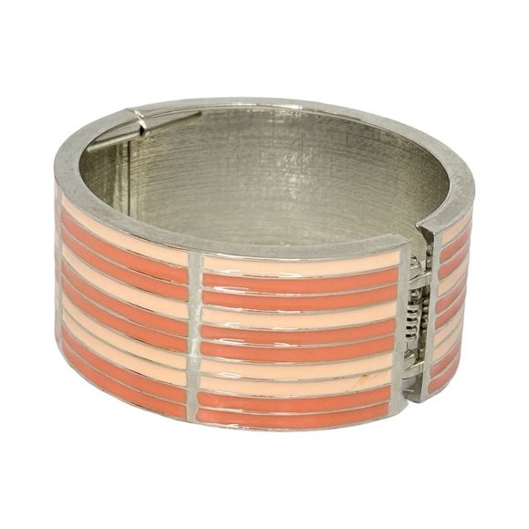 Pink Striped Wide Clamper Bracelet 7"  Silver Tone Bangle - Picture 6 of 10